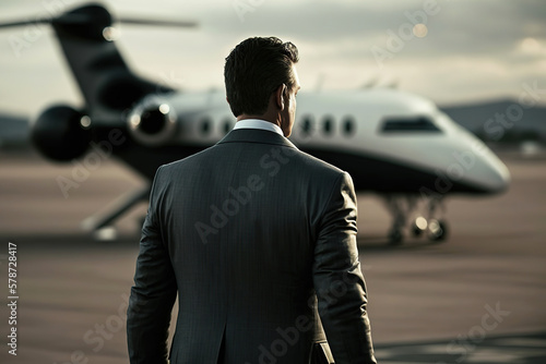 A rich person in business suit is standing on airport runway in front of the private jet. The Billionaire, businessman successful concept scene. Generative Ai image. 