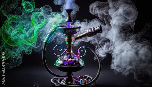  a hookah with smoke coming out of it and a hookah holder on top of it with a green and purple smoke coming out of it. generative ai