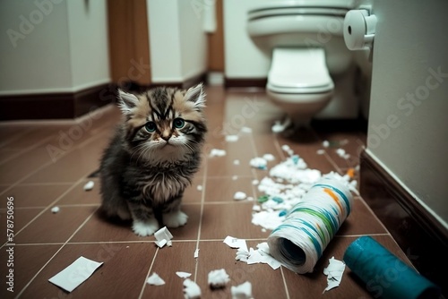 un chat dans une salle de bain à déchirer plein de papier toilette sur le sol - generative ai