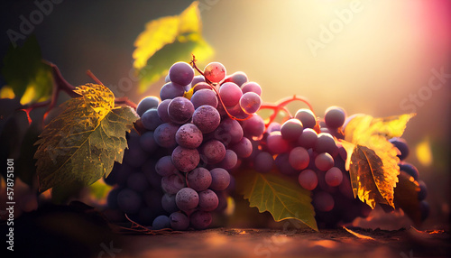 Beautiful bunches of grapes in the bright rays of sunlight