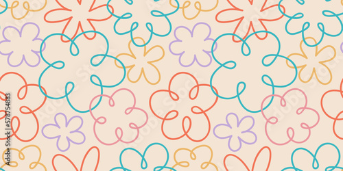 Colorful floral doodle seamless pattern illustration. Vintage flower drawing background design. Retro pastel color spring artwork, abstract hand drawn nature backdrop with daisy flowers.