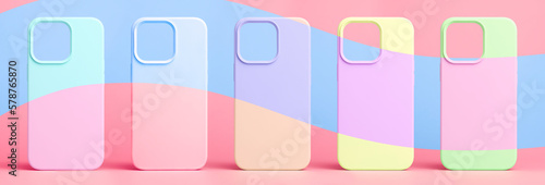 set of five back covers for mobile phone in different colors isolated on pink and blue background, phone case mock up for iPhone 13 Pro Max and 14 Plus