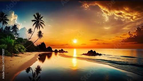  a sunset on a tropical beach with palm trees and rocks. generative ai