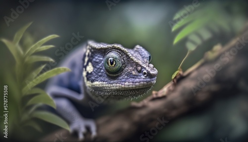  a close up of a lizard on a branch with leaves. generative ai
