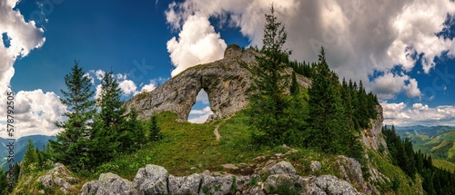 Rocky window, Ohniste, Low Tatras mountains, mountain landscape with big rock Slovak republic. Hiking theme. Seasonal natural scene.