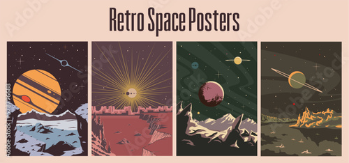 Vintage Style Fantastic Universe Posters Set. Retro Futurism Space Landscape Illustrations