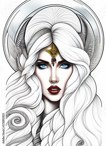 un dessin d'une femme aux cheveux blancs et aux yeux bleus, art numérique par Jeremiah Ketner, gagnant du concours behance, art psychédélique, behance hd, illustration numérique, peinture détaillée