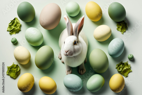 Wiosenny królik wielkanocny na tle z jajkami, Spring Easter rabbit on a background with eggs - AI Generated