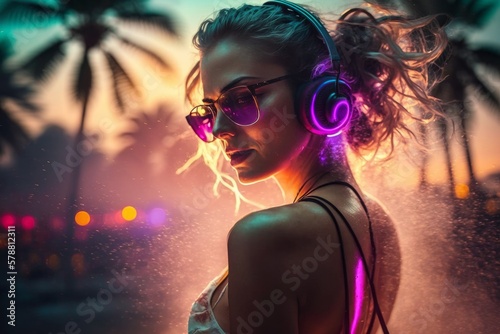 Attractive girl clubbing at the hot summer dance party. Headphones. Colorful sunglasses. Blue sky. Palm trees on background. Vacation nightlife.