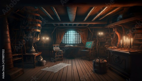 Pirate ship deck interior with nautical equipment and treasure chest concept design generative ai