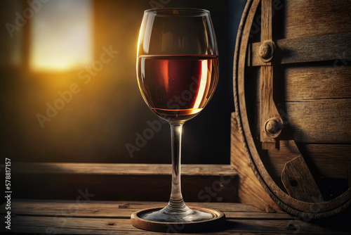 Photorealistic Glass of Red Wine during golden hour on a rustic background. Horizontal illustration. Generative AI