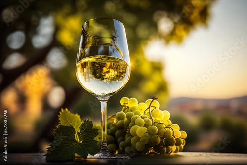 One glass of white wine standing on a table next to a bunch of grapes in the shade overlooking a sunny summer field with vineyards. Horizontal illustration. Generative AI