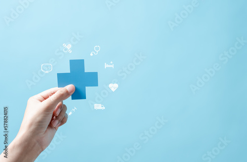 Health insurance concept. people hand holding plus and healthcare medical icon, health and access to welfare health concept...