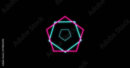 Composition of spiral of green and pink pentagons on black background