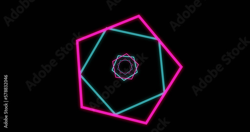 Composition of spiral of green and pink pentagons on black background