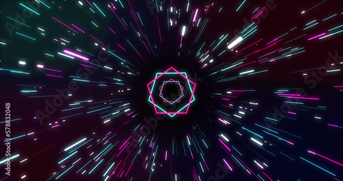 Composition of spiral of green and pink pentagons and light trails on black background