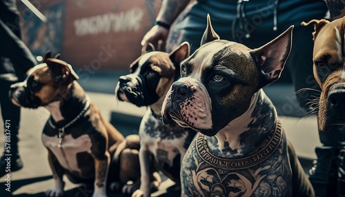 A gang of tough mean dogs with tattoos in front of a bikey, guarding their clubhouse and ready for a rumble