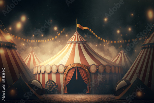 Circus tent on fairytale background. Illustration AI Generative