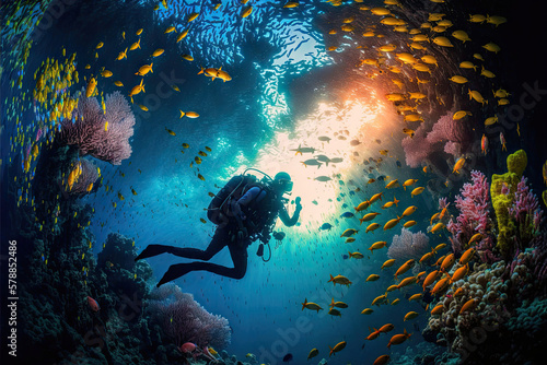 scuba diving in tropical ocean coral reef sea under water, scuba diver, diver, swim, caribbean, fiji, maldives, snorkel, marine life, aquatic, aqua blue, dive, travel, tourism