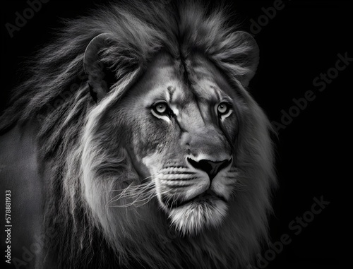 Portrait of a large African lion, male, black and white photograph of isolated wild savanna lion 