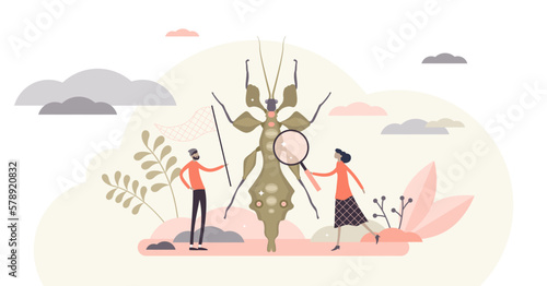 Entomology field concept, flat tiny person entomologists illustration, transparent background. Catching insects and gathering closeup data. Research work for agriculture.