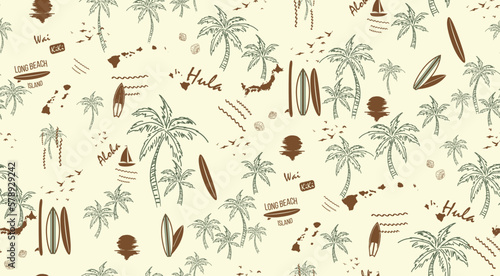 hawaii print seamless pattern Vector illustration, Hand Draw Style, Palm, Surf, Sunset 