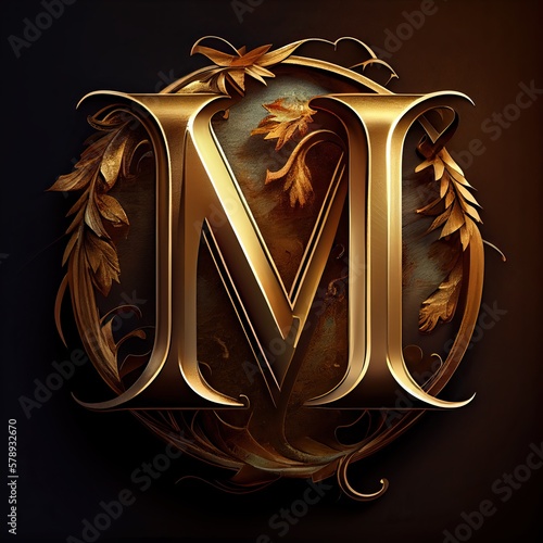 m letter in a golden monogram relief, generative AI