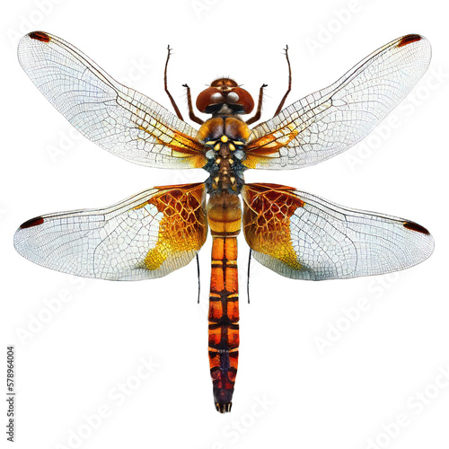 orange dragonfly top view , isolated on transparent background cutout , generative ai