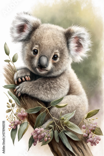 Cute koala bear sitting on eucalyptus branch with flowers. Watercolor painting for printing. Generative ai.