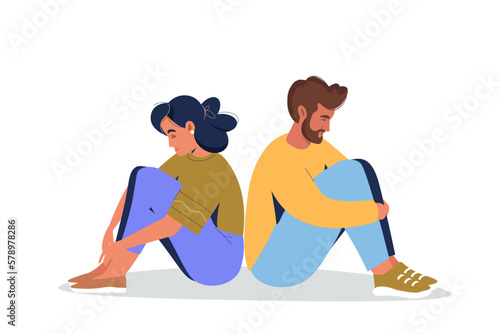 Family conflict or relationship problems with married couples. Sad man and woman sit back to back. Couple divorce, break up, quarrel and fight. Friends quarrel and misunderstand vector illustration
