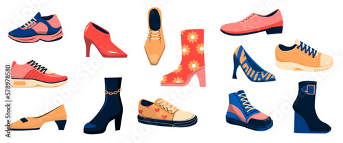 Womens shoes. Different types of stylish female footwear, trendy casual or formal fashionable boots sneakers high heel footgear. Cartoon vector set