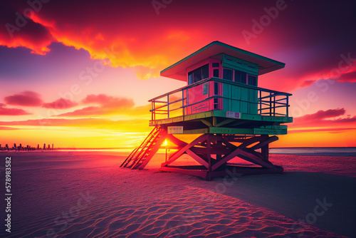 Lifeguard tower on beach on sunset. Miami Beach with lifeguard tower. Rescue tower with lifeguard to watch swimmers in sea to prevent drowning and danger. Colourful Sunset on beach. Ai Generated.
