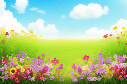 Summer floral background. Beautiful meadow field with flowers in nature. Summer perfect natural landscape. Generative AI