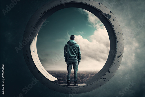 Ilustración de un hombre de espaldas subido a una ventana redonda mirando a lo lejos. Concepto depresión, reflexión, pensamiento. Generative AI
