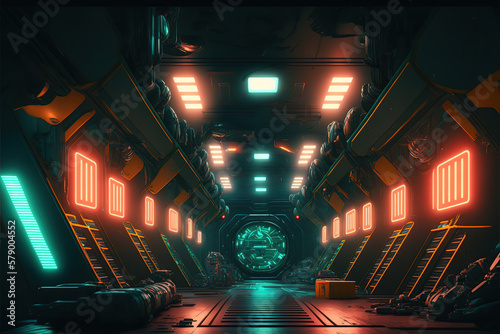 Ilustración de un pasillo futurista de una nave o estación espacial con luces de colores. Generative AI