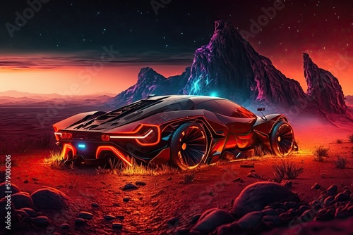 beautiful neon car in the desert of mars, illustration, generative ai
