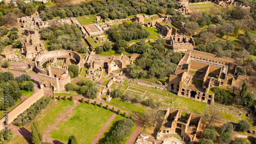 Aerial view of Hadrian's Villa at Tivoli, near Rome, Italy. Villa Adriana is a World Heritage comprising the ruins and archaeological remains of a complex built by Roman Emperor Hadrian.