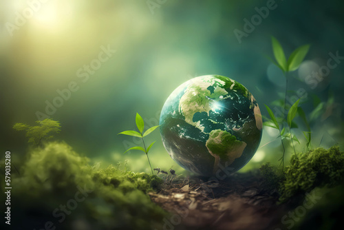 green planet earth on the ground. blurred background. environmental concept. Generative AI
