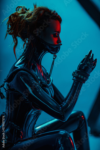 Young woman in latex clothing bdsm style dark portrait