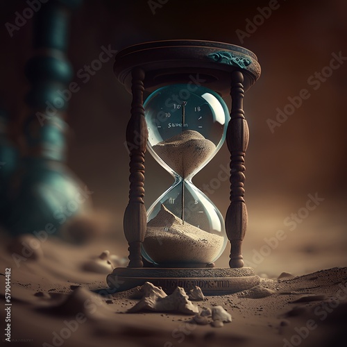 time is over no wall clock with Roman numerals brown and black hour hand with background time ornate time copper bronze old stylish antique sand glass broken explodes flows down minute Generative AI 