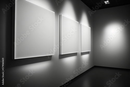 blank white square canvasses on the walls of an art gallery. dramatic lighting, Generative AI 