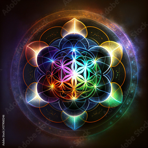 Colorful sacred geometry with flower of life glowing bright