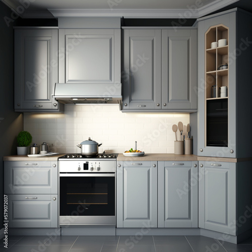 interior of a realistic European-style kitchen containing standard built-in appliances, a kitchen sink and a cooker hood