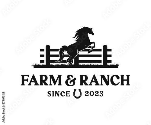 Horse silhouette vintage retro wooden fence paddock for countryside western country farm and ranch logo design