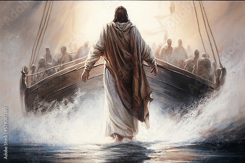 Jesus walks on the water near the boat with the apostles, generative AI