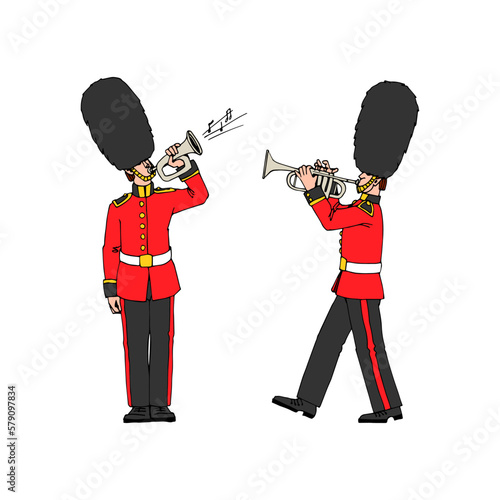A royal trumpeter and bugler wearing a bearskin hat. Festive military band. Color vector illustration with black contour lines isolated on a white background in a cartoon style.