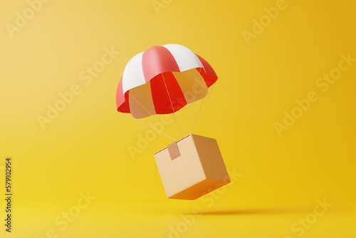 Brown parcel cardboard box with red and white parachute on yellow background. Delivery, online shopping, digital marketing and business concept. 3d render illustration
