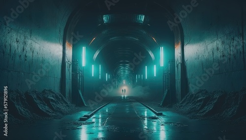  a person standing in a tunnel with a light at the end of the tunnel and the light at the end of the tunnel is green. generative ai