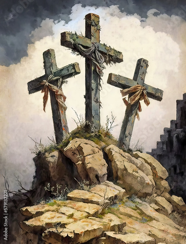 Three Crosses on Calvary - Classic Impressionist Illustration in Mixed Media - Generative AI
