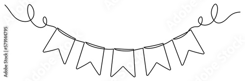Continuous line art drawing buntings garland. Celebration party hand drawn elements. Vector linear illustration isolated on white. 